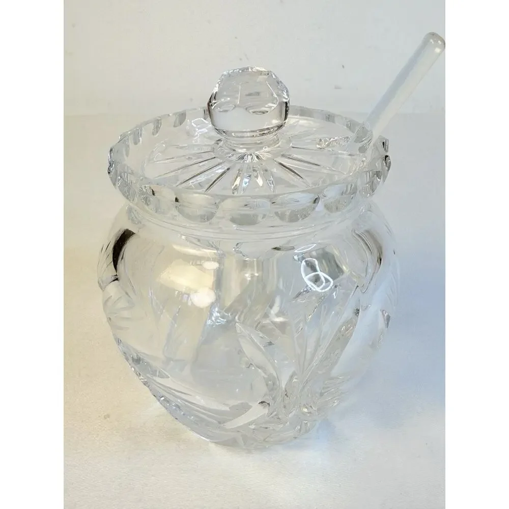 Vtg Cut Crystal Jam, Honey Jar W/ Glass Spoon Scalloped Lid